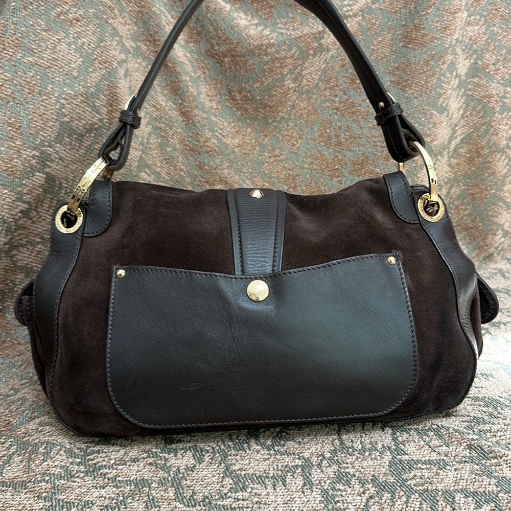 Jimmy Choo Brown Suede Leather Gold hardware Handbag Purse Large - Picture 7 of 9